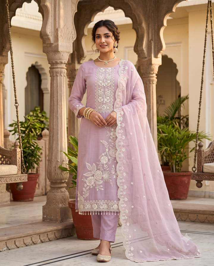Soft Lavender Marble Chiffon Heavy Embroidered Unstitched Suit with Cutwork Dupatta