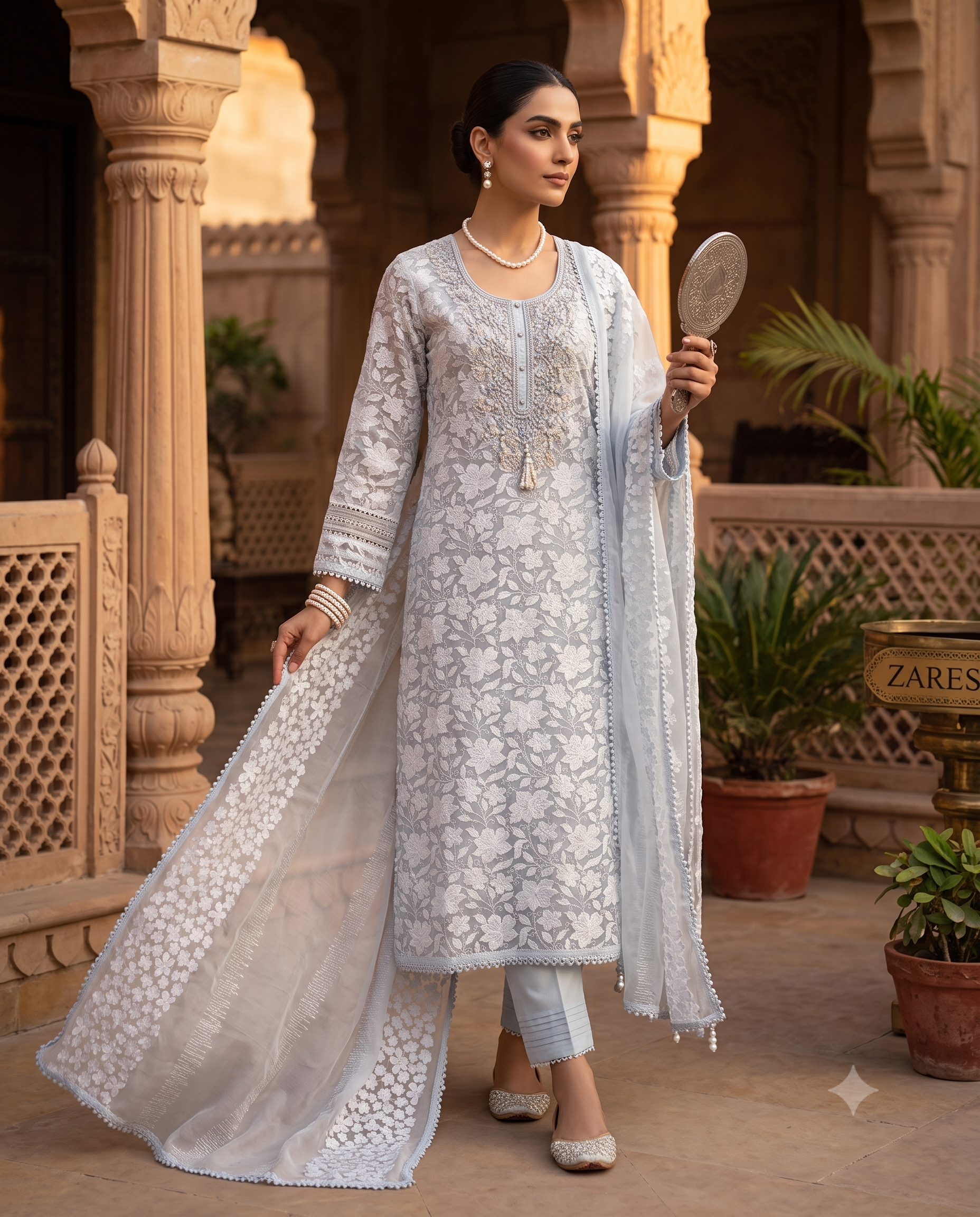 Ice Blue Organza Unstitched Suit | White Floral Applique | Sequin Moti Bead Neckline & Four-Sided Lace Chiffon Dupatta Women's Suit