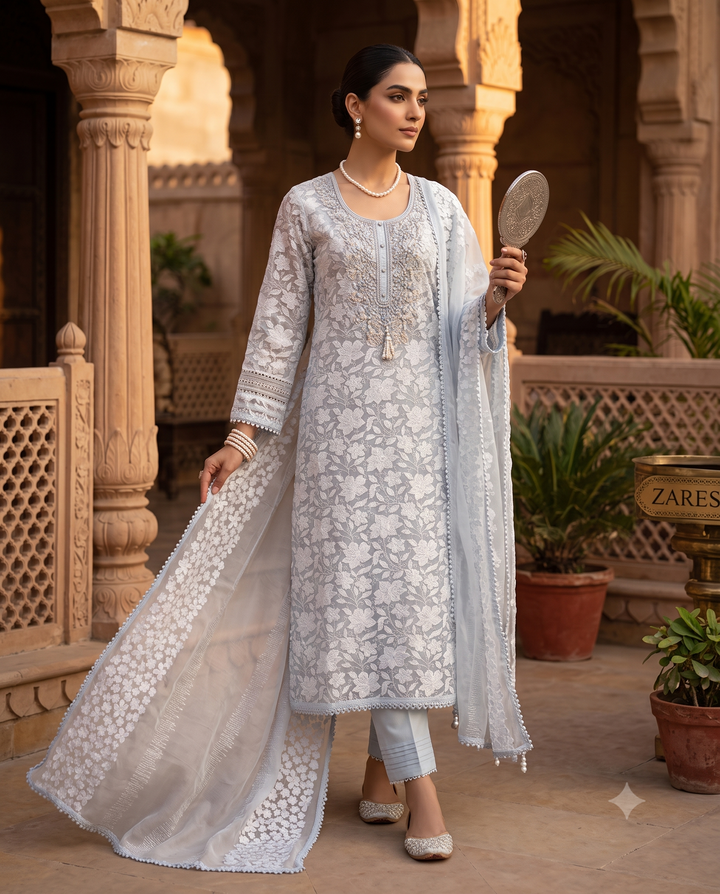 Ice Blue Organza Unstitched Suit | White Floral Applique | Sequin Moti Bead Neckline & Four-Sided Lace Chiffon Dupatta Women's Suit