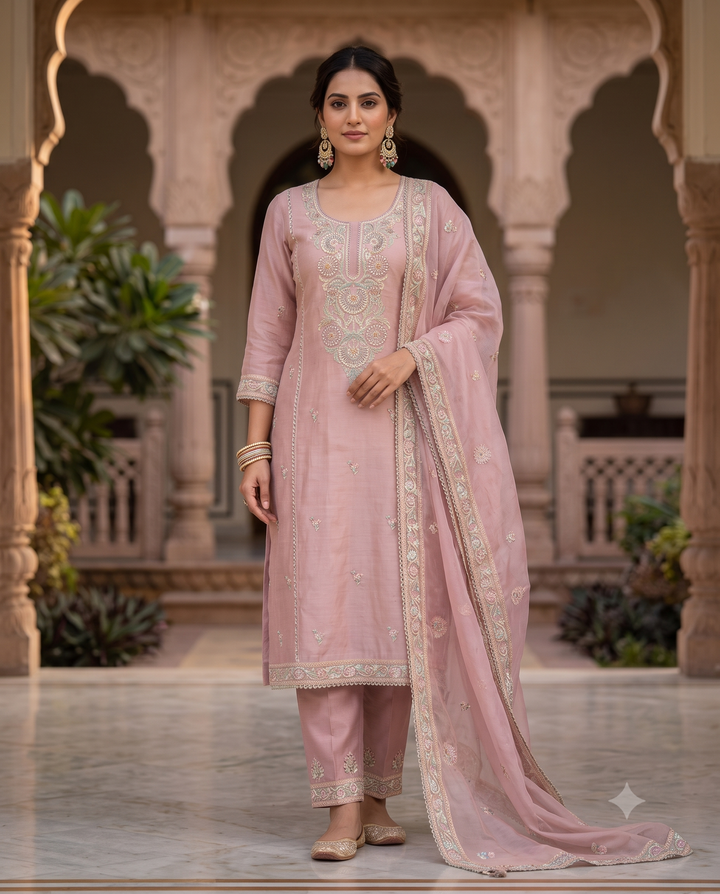 Blush Pink Shimmer Tissue Embroidered Unstitched Suit Set with Organza Dupatta