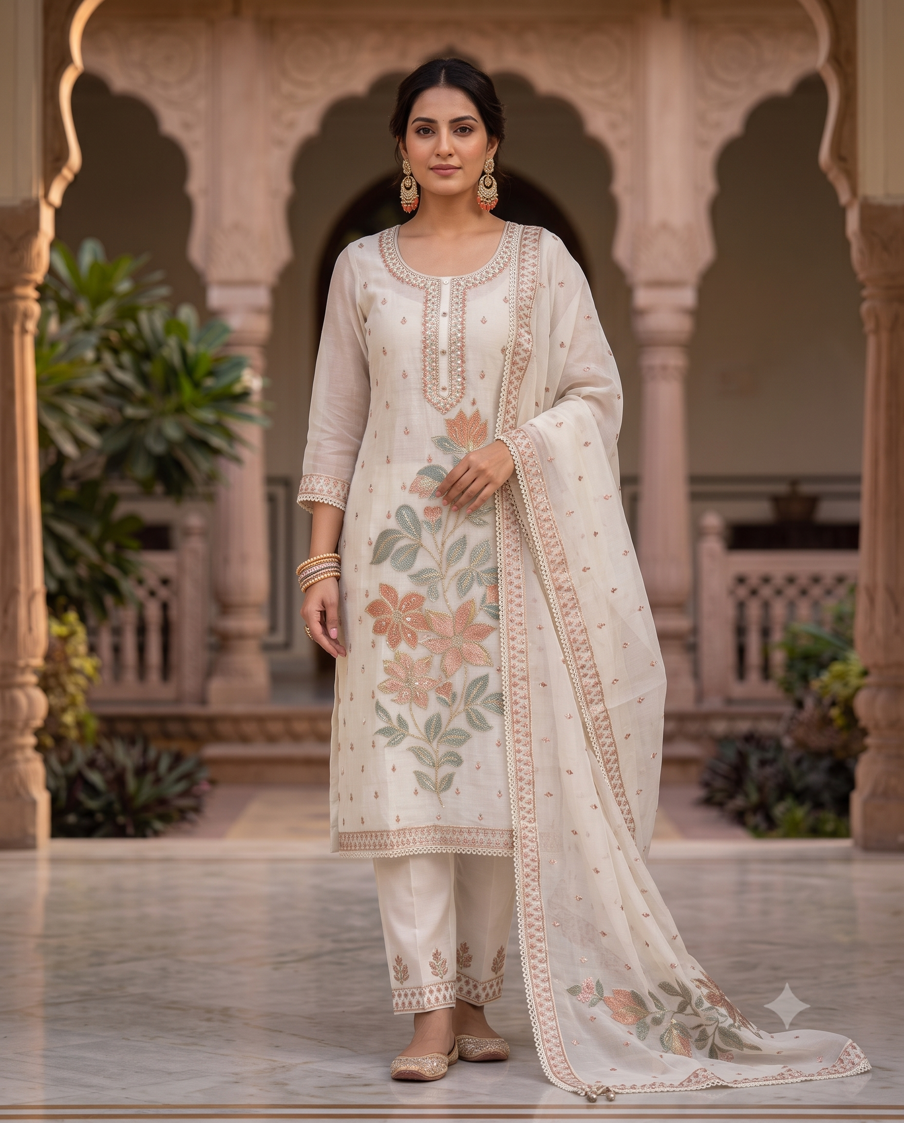 Ivory Mul Cotton Floral Resham & Sequin Unstitched Suit Set with Lace Border Dupatta