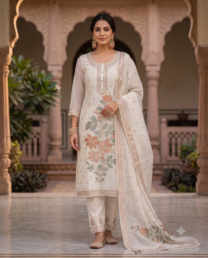 Ivory Mul Cotton Floral Resham & Sequin Unstitched Suit Set with Lace Border Dupatta