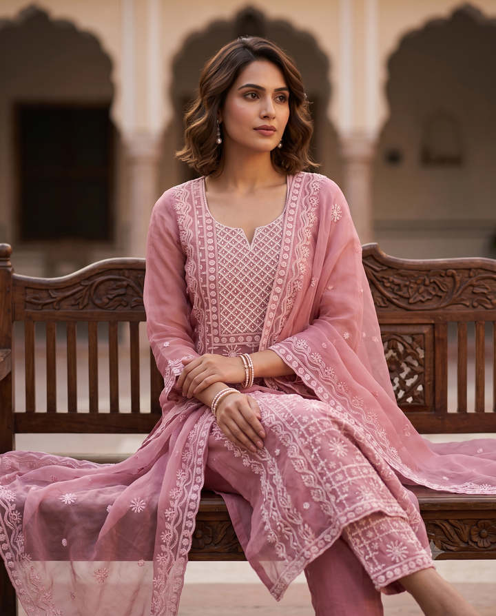Powder Pink Georgette Suit with Moti Highlighting & Chiffon Dupatta