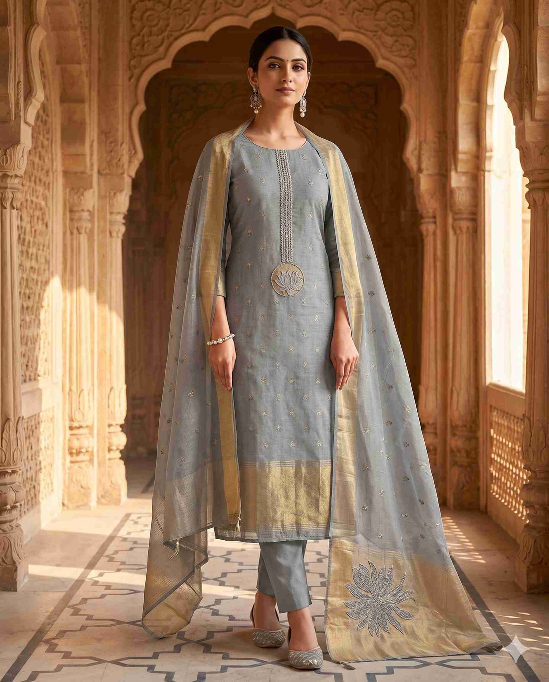 Grey Jamdani Cotton Unstitched Suit | Minimalist Applique Floral Neckline | Broad Gold Zari Patta Hemline & Applique Corner Dupatta Women's Suit