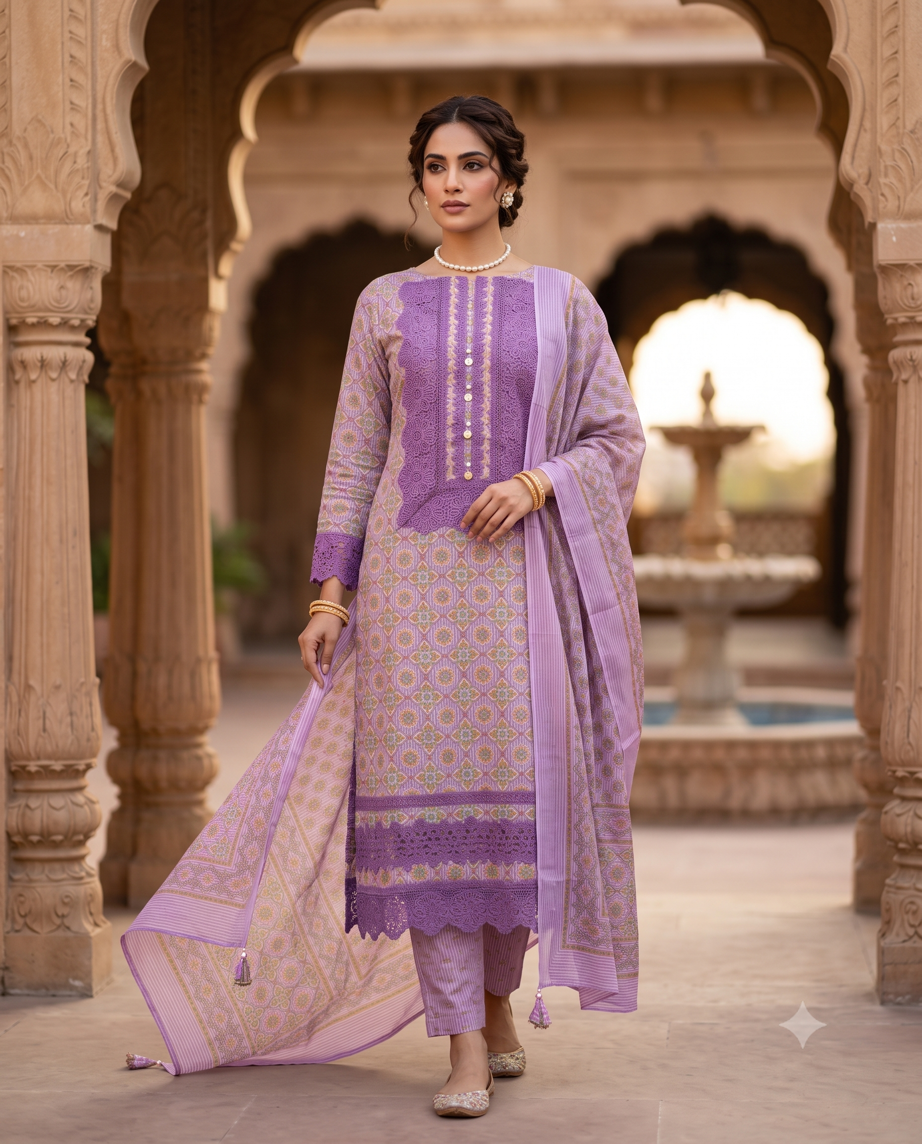 Lavender Cotton Unstitched Suit | All-Over Geometric Floral Print | V-Neck Tone-on-Tone Lace & Tassel Neckline with Lace Hemline Women's Suit