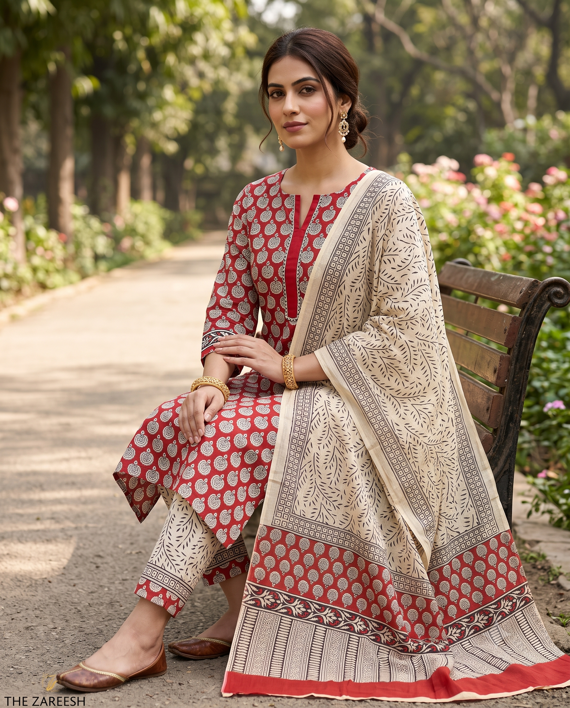 Red & Off-White Pure Cotton handblock Unstitched Suit with Contrast Dupatta