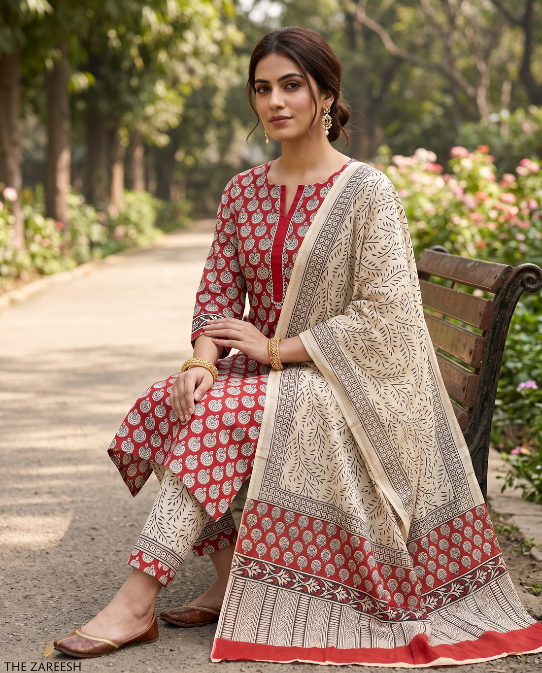 Red & Off-White Pure Cotton handblock Unstitched Suit with Contrast Dupatta