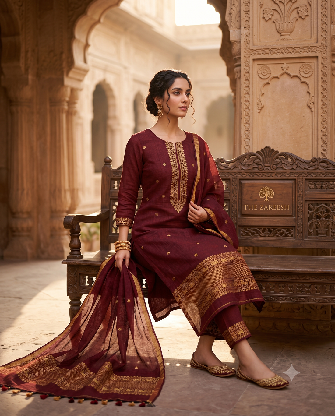 Deep Maroon Jaishree Linen Unstitched Suit | Zari Woven Daaman & Dupatta Borders | Scattered Zari Booties Women's 2-Piece Suit