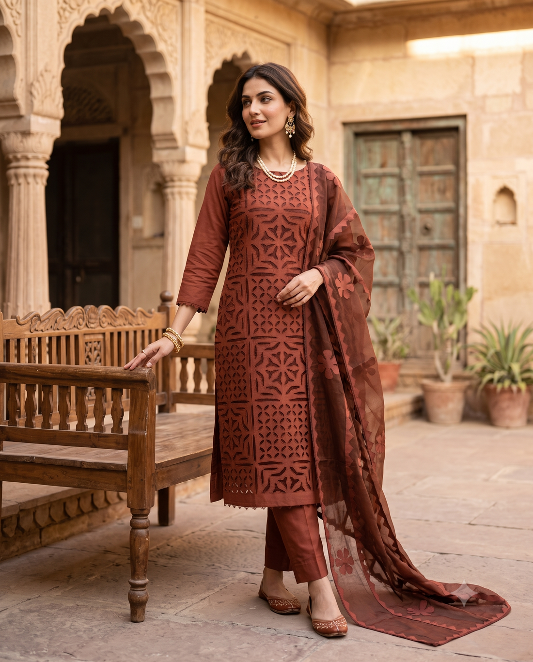 Rust Pure Cotton Applique Jaali Work Unstitched Suit Set