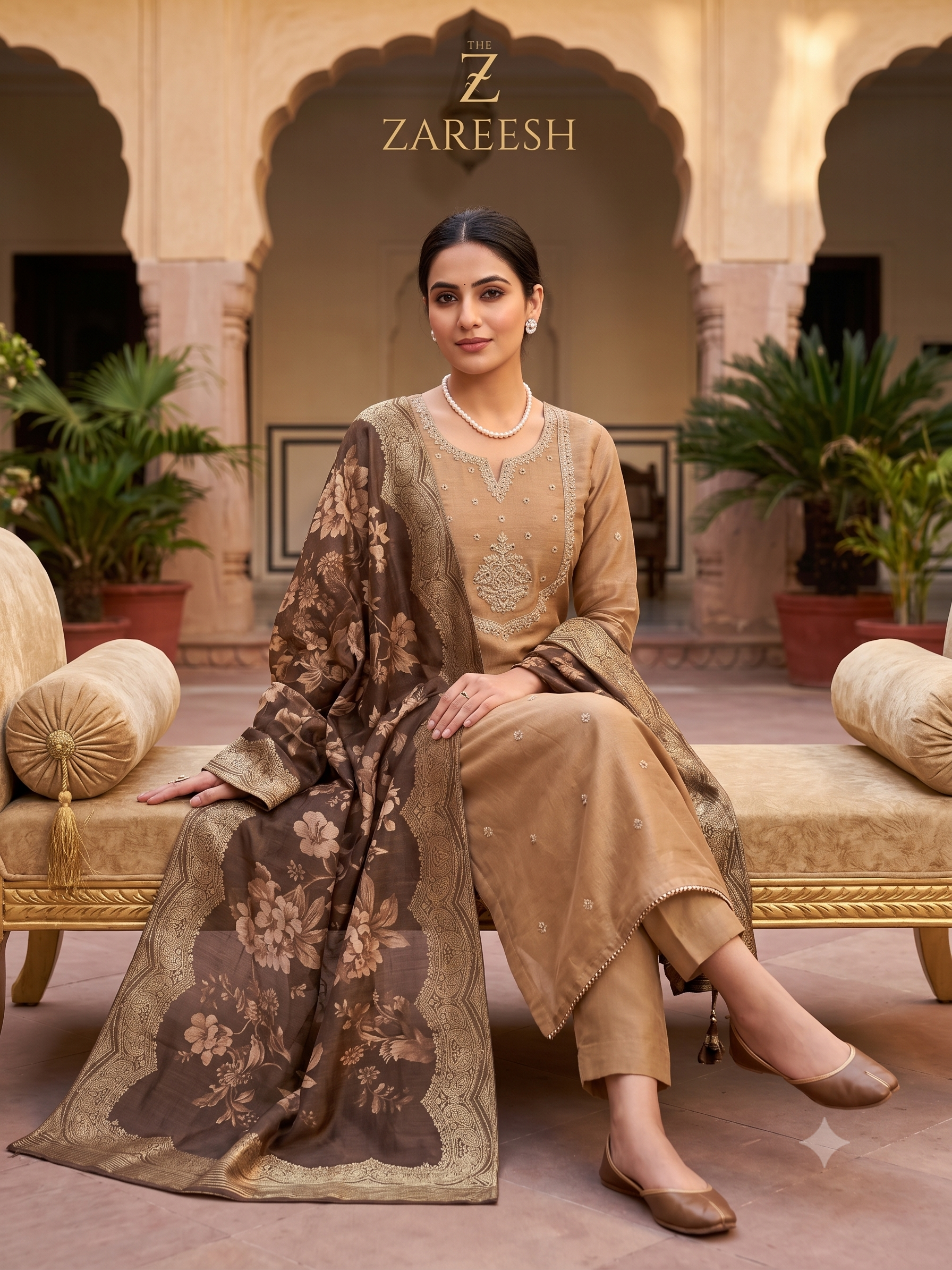Zari-Embroidered Gold Organza Unstitched Suit with Floral Organza Dupatta