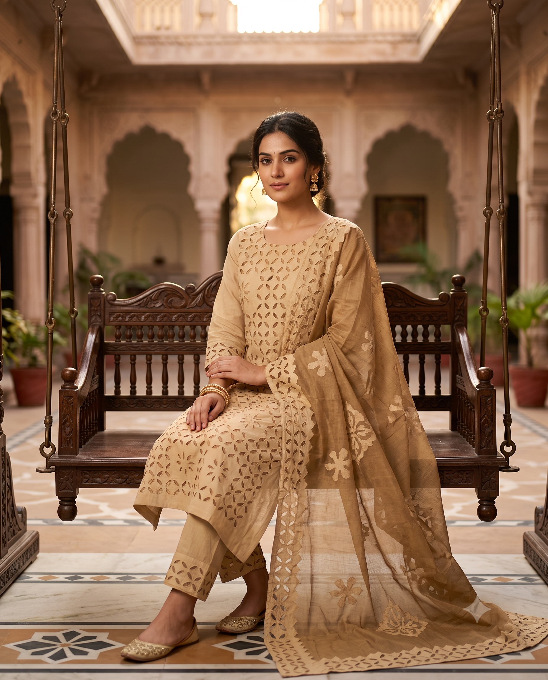 Beige Pure Cotton Applique Jaali Work Unstitched Suit Set