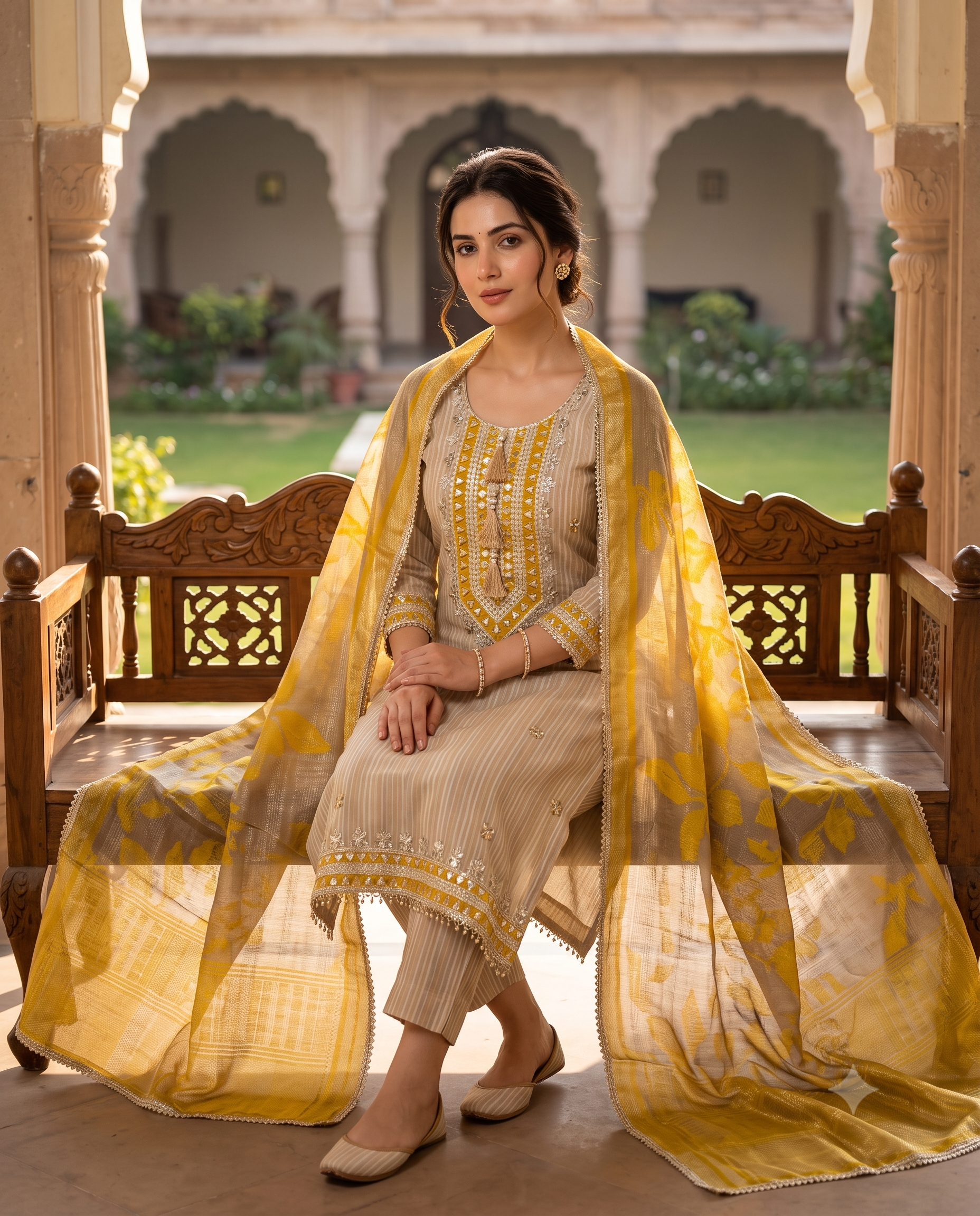 Beige & Yellow Shimmer Organza Suit with Gotta Patti Embroidery