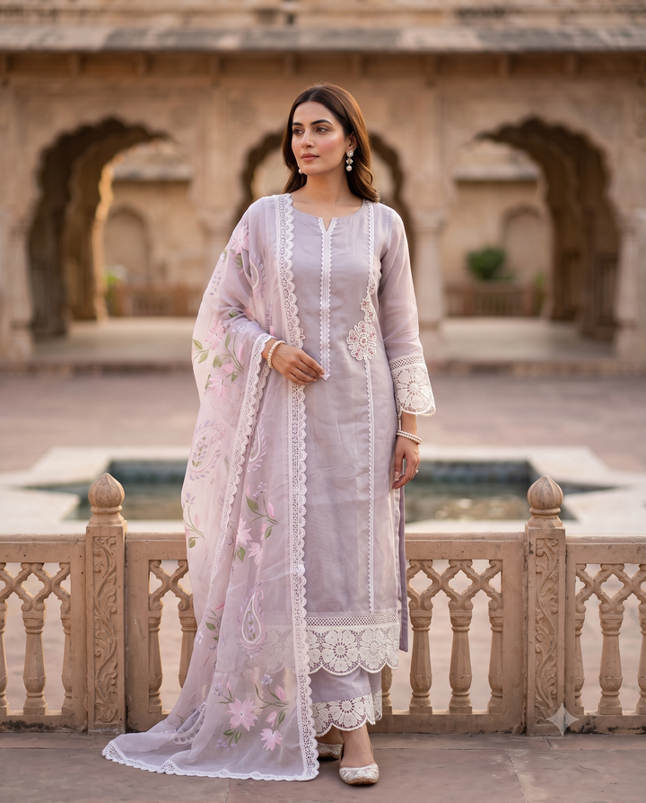 Lavender Organza Unstitched Suit with White Lace Embroidery & Floral Dupatta – Summer Festive Collection