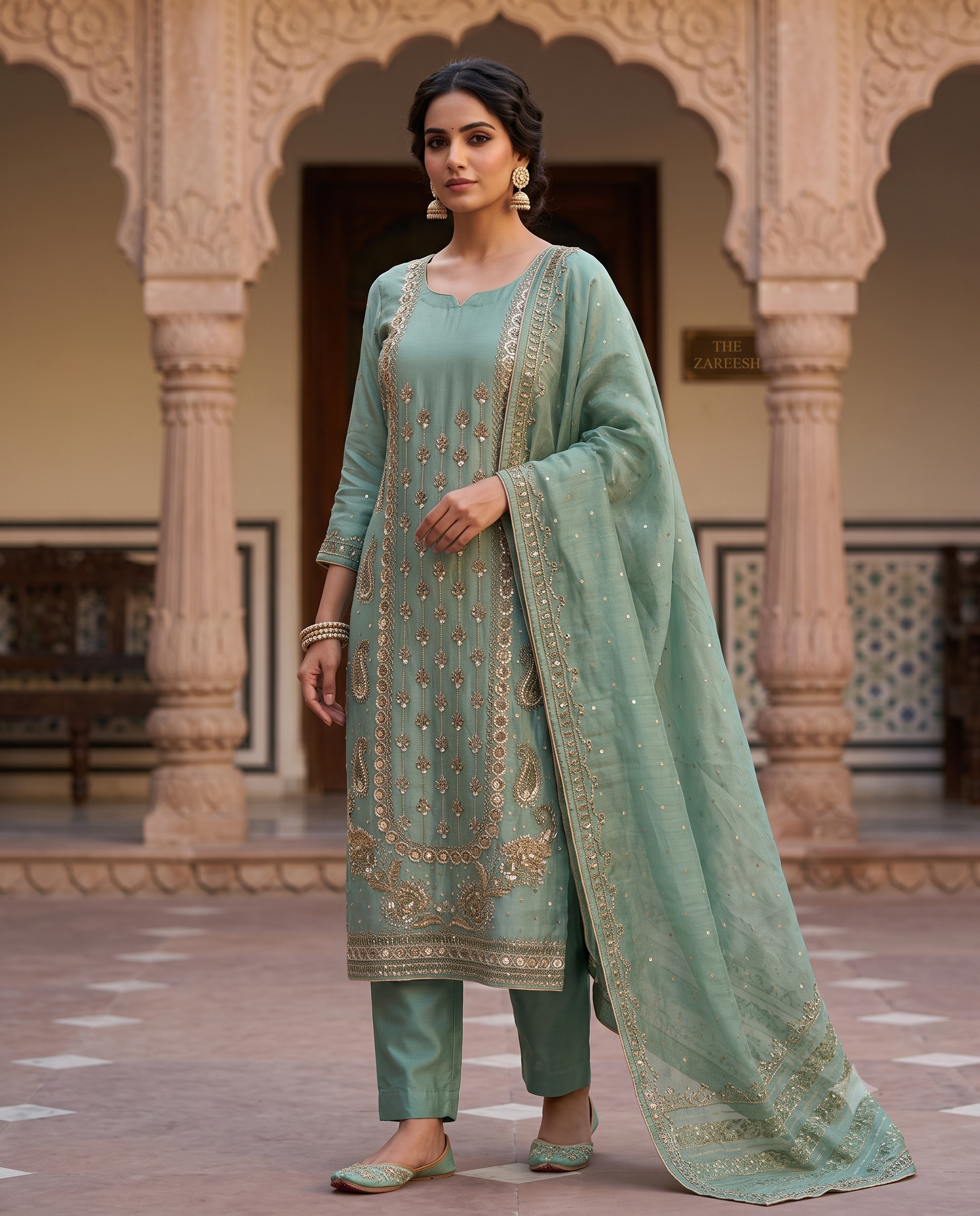 Sea Green Shimmer Organza Heavy Handwork Party Wear Suit Set