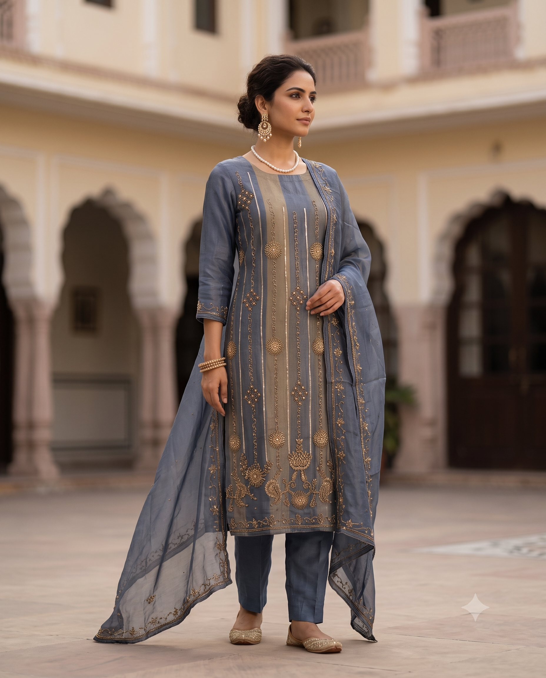 Steel Blue Heavy Shimmer Tissue Wedding Wear Unstitched Suit Set