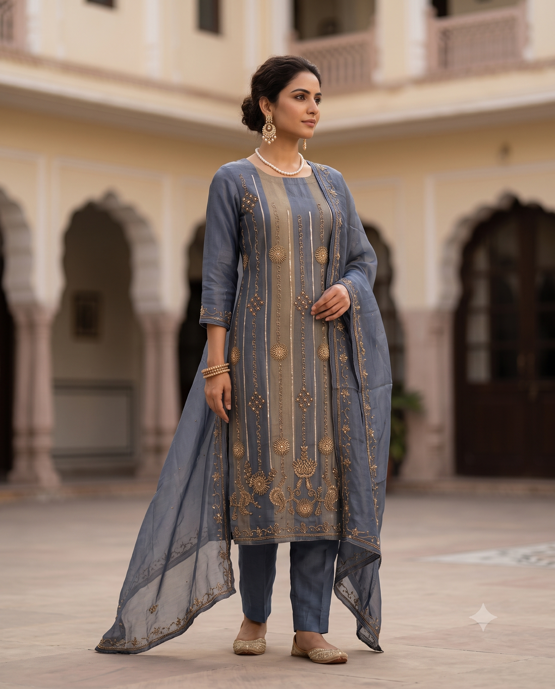 Steel Blue Heavy Shimmer Tissue Wedding Wear Unstitched Suit Set