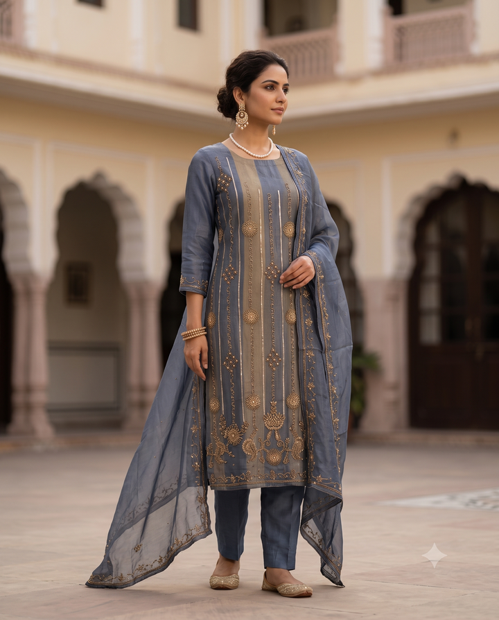 Steel Blue Heavy Shimmer Tissue Wedding Wear Unstitched Suit Set