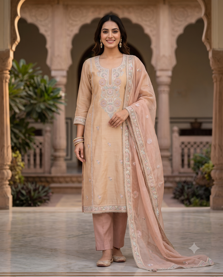 Peach Shimmer Tissue Embroidered Unstitched Suit Set with Organza Dupatta