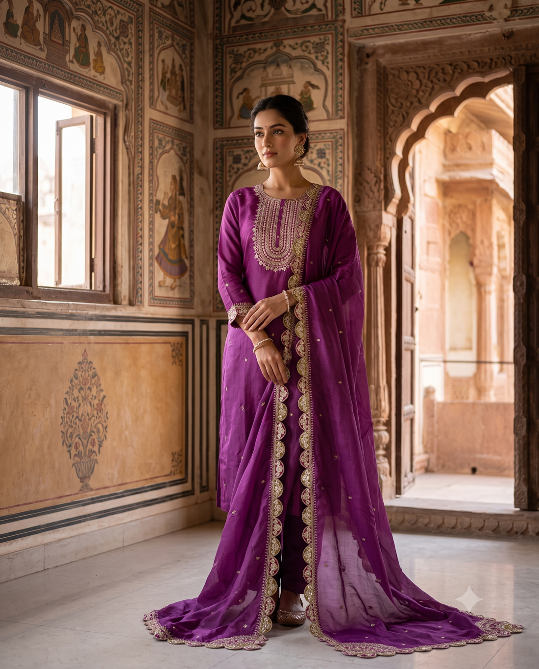 Purple Russian Silk Embroidered Unstitched Suit with Scalloped Dupatta