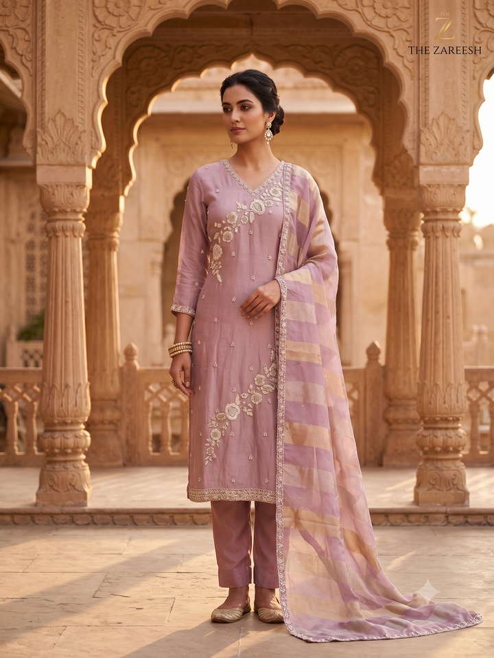 TISSUE suit set with cutdana work - The Zareesh