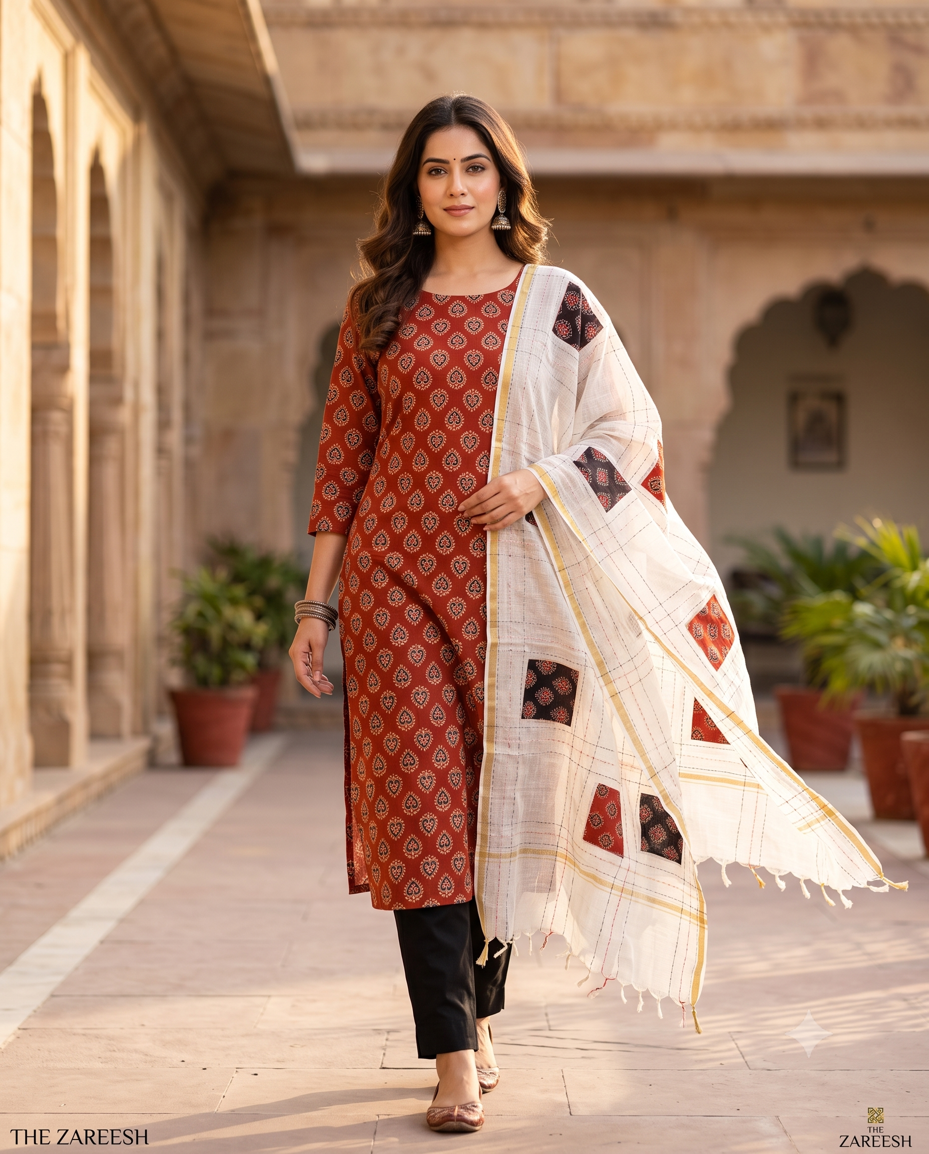 Pure Cotton Handblock Printed Unstitched Suit with Applique Patch Dupatta