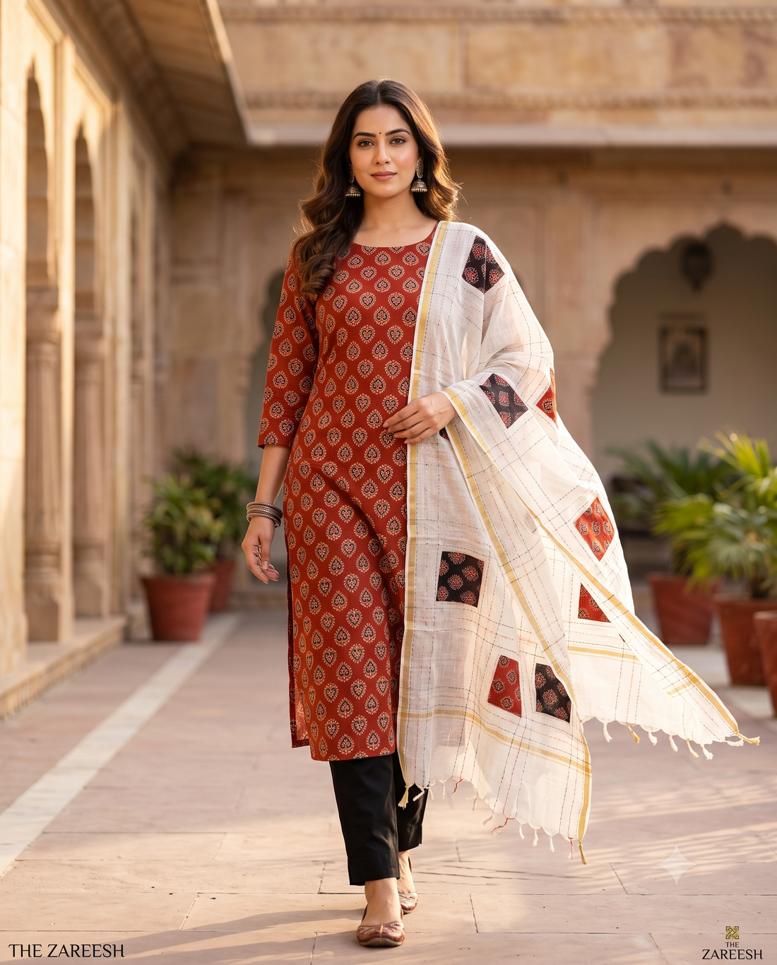 Pure Cotton Handblock Printed Unstitched Suit with Applique Patch Dupatta