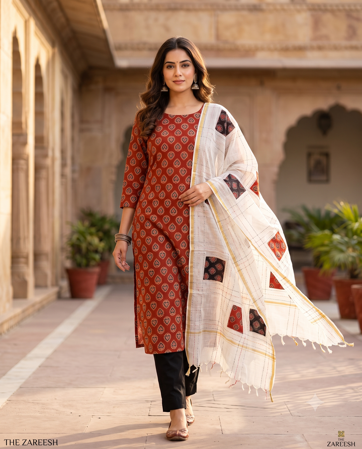 Pure Cotton Handblock Printed Unstitched Suit with Applique Patch Dupatta