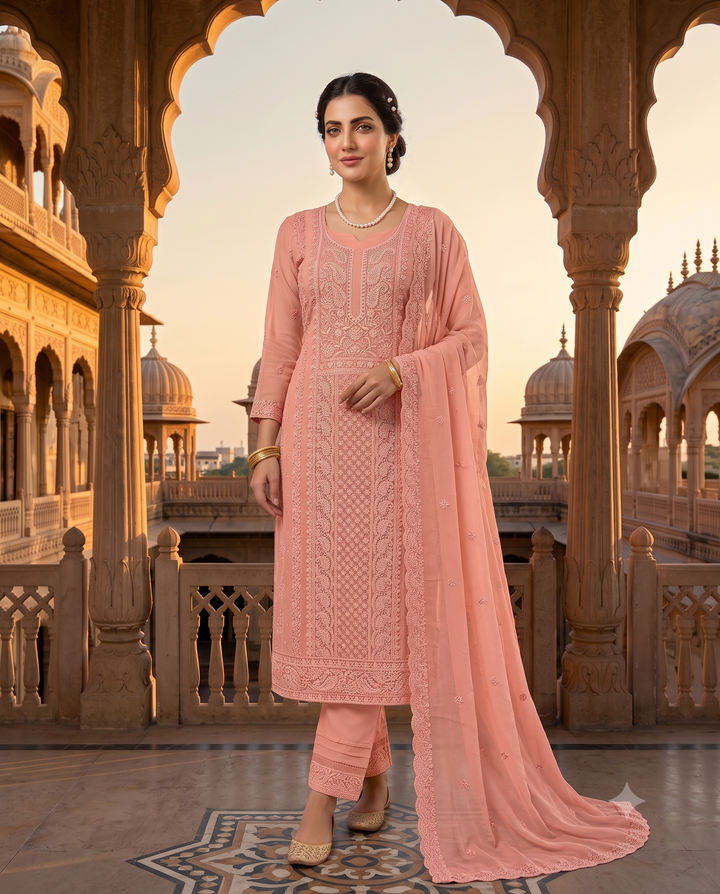Peach Pink Georgette Unstitched Suit | Chikankari Work | Moti Bead Sequin Neckline & Geometric Panel Women's Suit