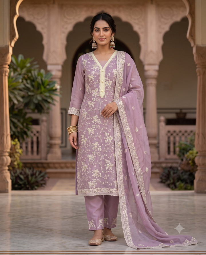 Lavendar Chiffon Embroidered Unstitched Suit Set