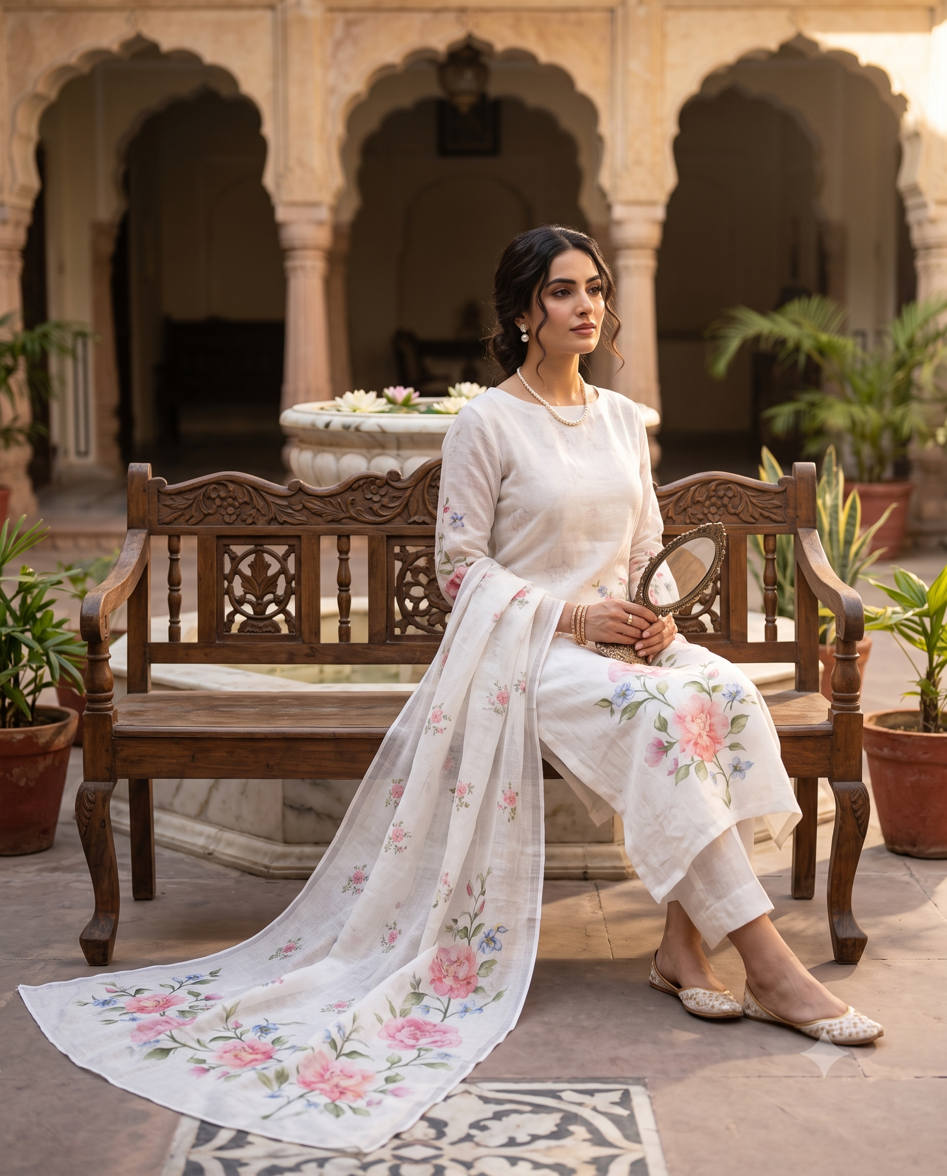 White Pure Linen Unstitched Suit | Digital Floral Print | Floral Vine Printed Dupatta Women's Summer Suit