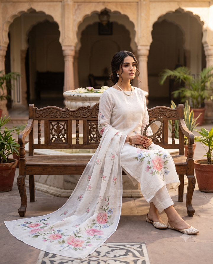 White Pure Linen Unstitched Suit | Digital Floral Print | Floral Vine Printed Dupatta Women's Summer Suit