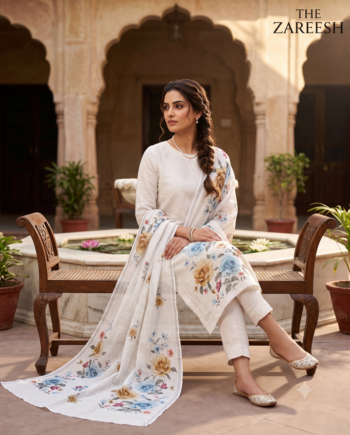 White Pure Linen Unstitched Suit | Digital Blue & Golden Floral Print | Floral Vine Printed Dupatta Women's Summer Suit