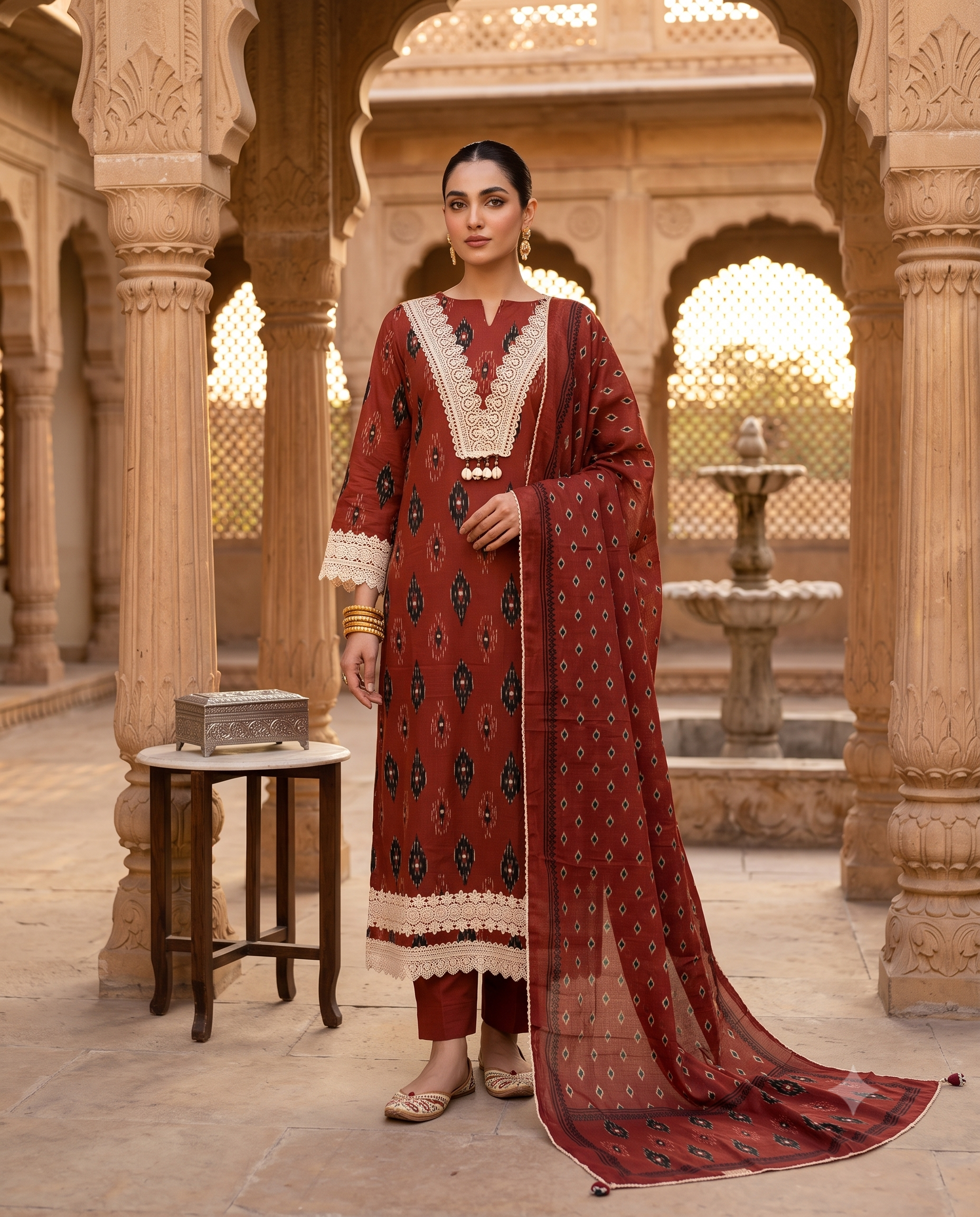 Brick Red Cotton Unstitched Suit | All-Over Ikat Diamond Print | V-Neck Lace & Tassel Neckline with Lace Hemline Women's Suit