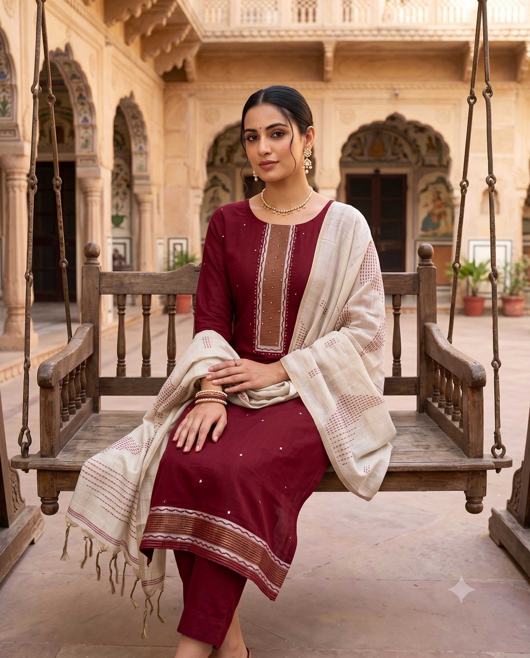 Maroon Viscose Mirror Highlight Unstitched Suit Set with Cotton Bottom