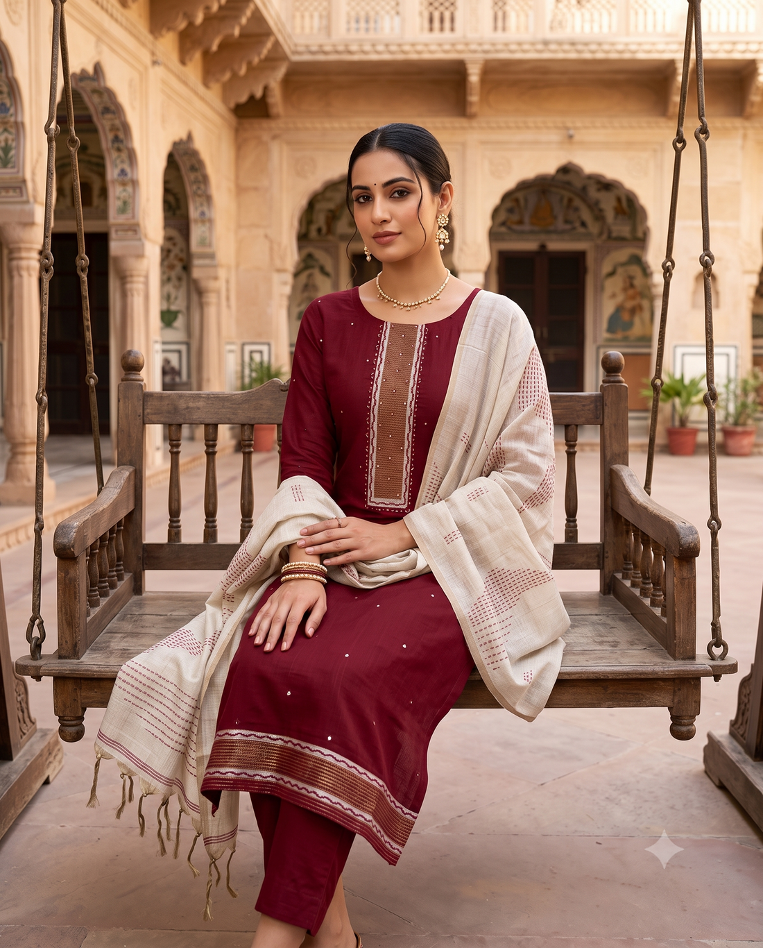 Maroon Viscose Mirror Highlight Unstitched Suit Set with Cotton Bottom
