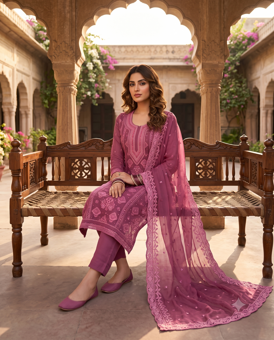 Plum Chikankari Georgette Unstitched Suit with Chiffon Dupatta