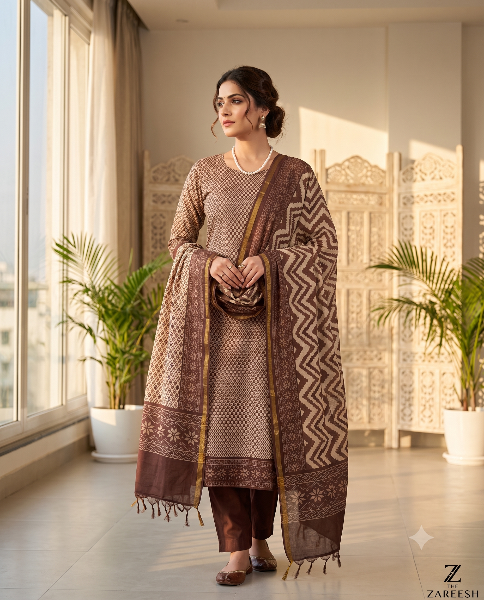 Maheshwari Silk Unstitched Suit in Brown & Beige | Elegant Festive Wear - The Zareesh