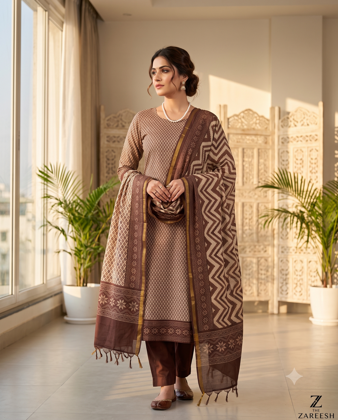 Maheshwari Silk Unstitched Suit in Brown & Beige | Elegant Festive Wear - The Zareesh