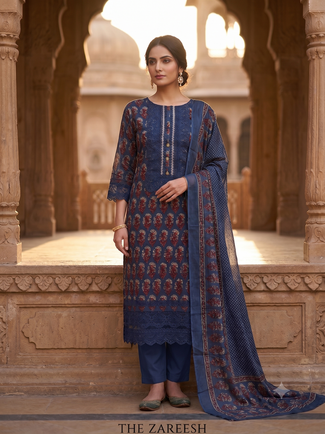 Navy Blue Cotton Unstitched Suit | All-Over Block Print Floral Booties | Rectangular Neckline Panel with Tassels & Scalloped Lace Hemline Women's Suit