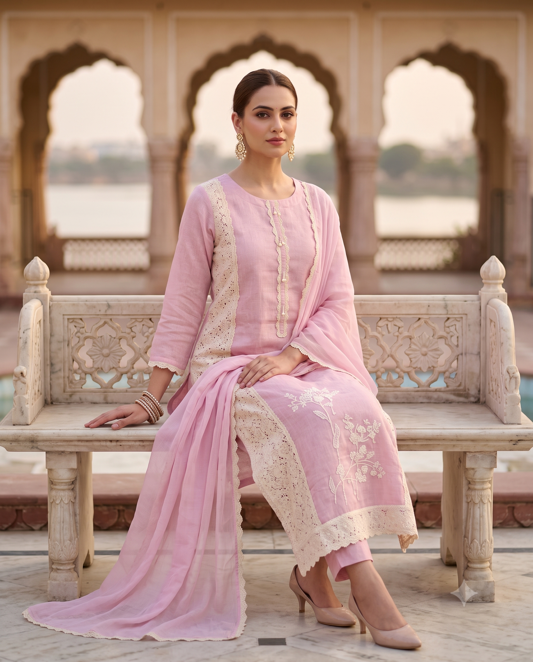 Pastel Pink Schiffli Cotton Suit with Lace Accents & Pearl Embroidery | Summer Festive Lawn Collection