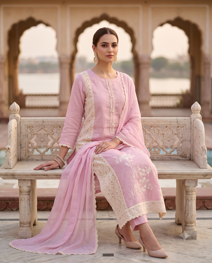 Pastel Pink Schiffli Cotton Suit with Lace Accents & Pearl Embroidery | Summer Festive Lawn Collection