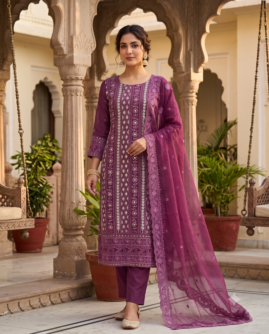 Wine Purple Heavy Chikankari Georgette Unstitched Suit Set with Chiffon Dupatta