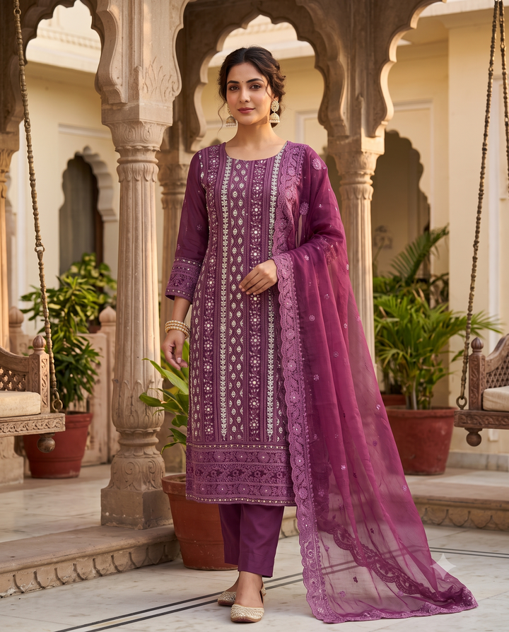 Wine Purple Heavy Chikankari Georgette Unstitched Suit Set with Chiffon Dupatta