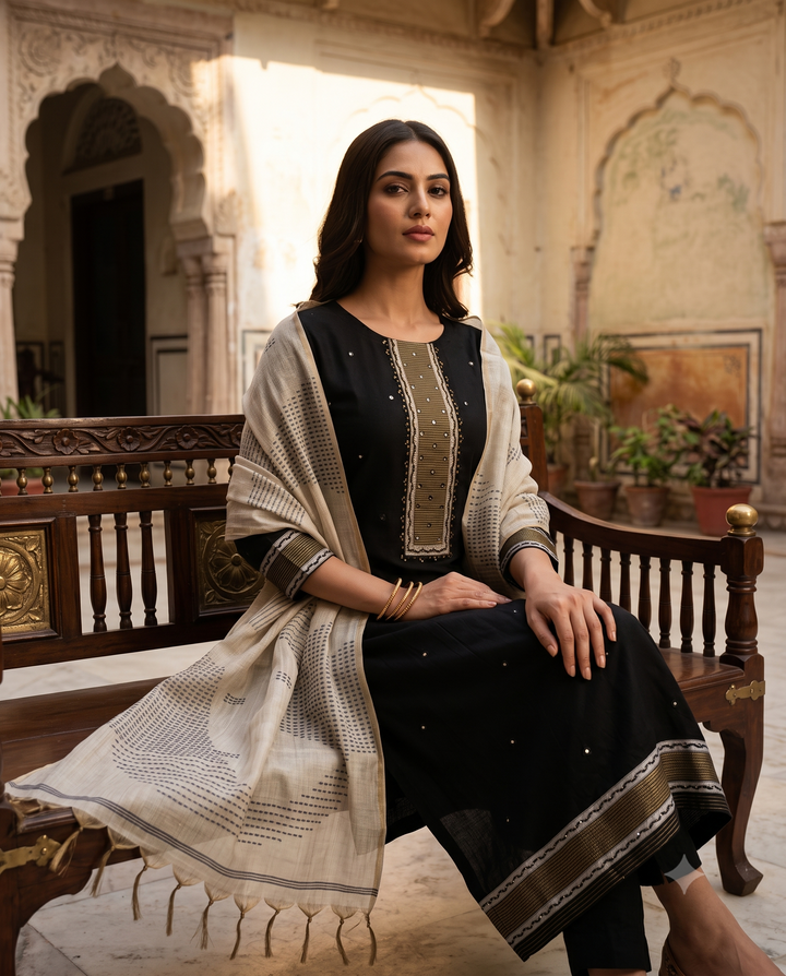 Black Viscose Mirror Highlight Unstitched Suit Set with Cotton Bottom