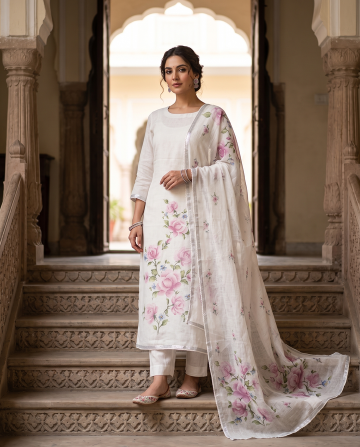 White Pure Linen Unstitched Suit | Digital Mauve-Pink Floral Print | Floral Vine Printed Dupatta Women's Summer Suit