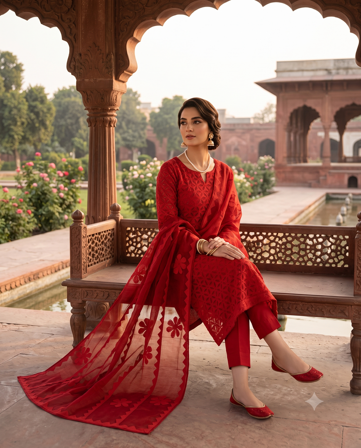 Red Pure Cotton Applique Jaali Work Unstitched Suit Set