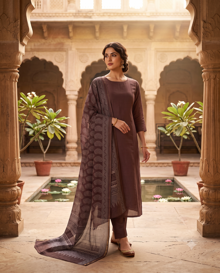 Rosewood Brown Maheshwari Silk Suit with Ajrakh Print Dupatta