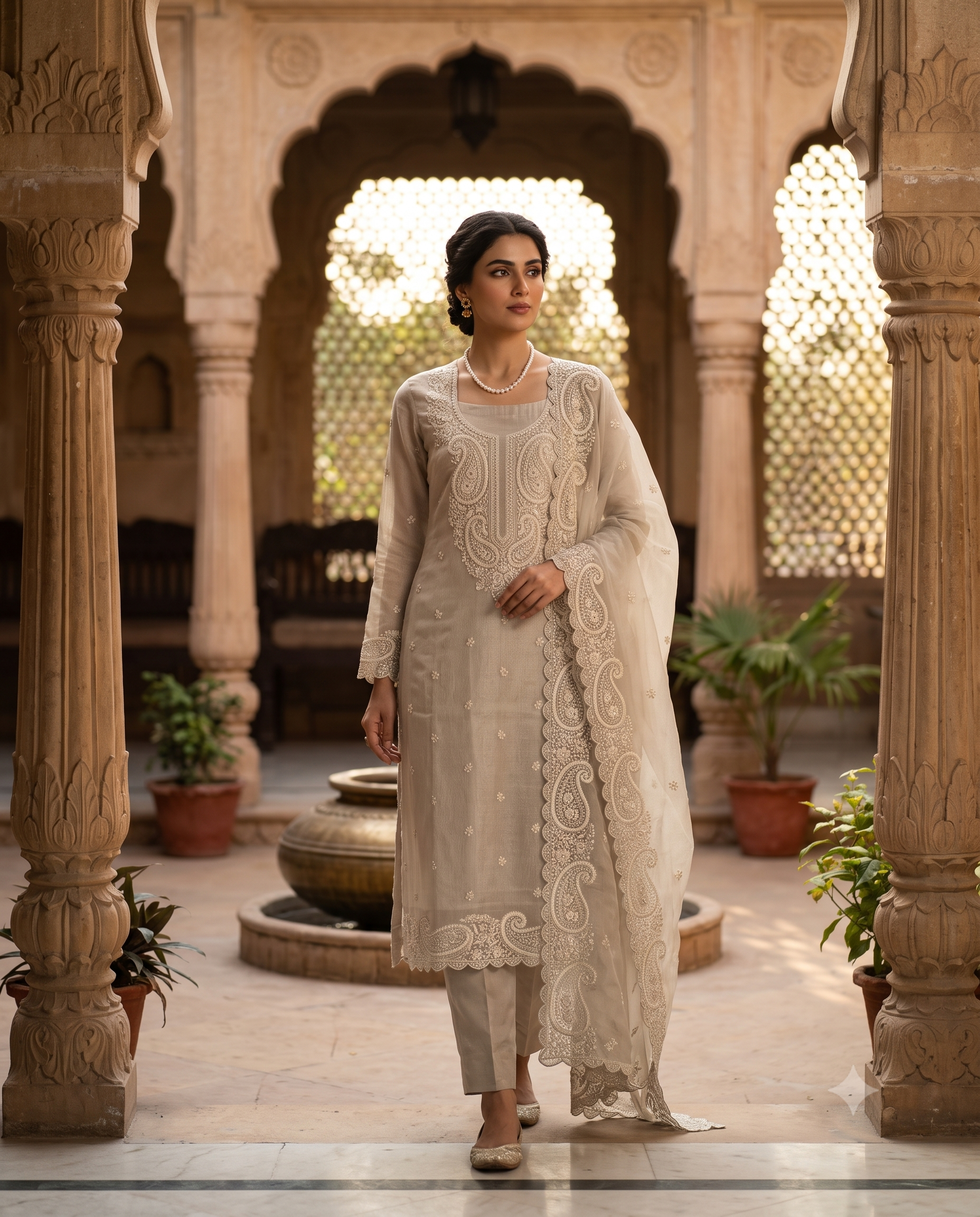 Beige Marble Chiffon Unstitched Suit | Paisley Cutdana Sequin Pearl Neckline | Cutwork Border Dupatta Women's Suit