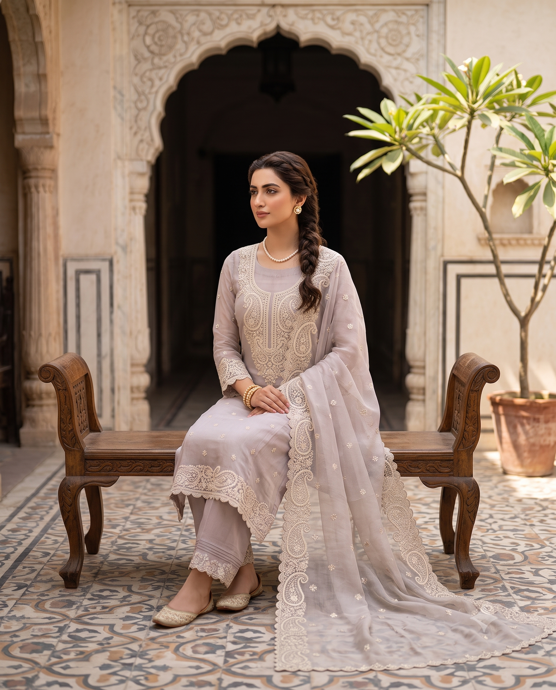 Icy Pink Marble Chiffon Unstitched Suit | Paisley Cutdana Sequin Pearl Neckline | Cutwork Border Dupatta Women's Suit