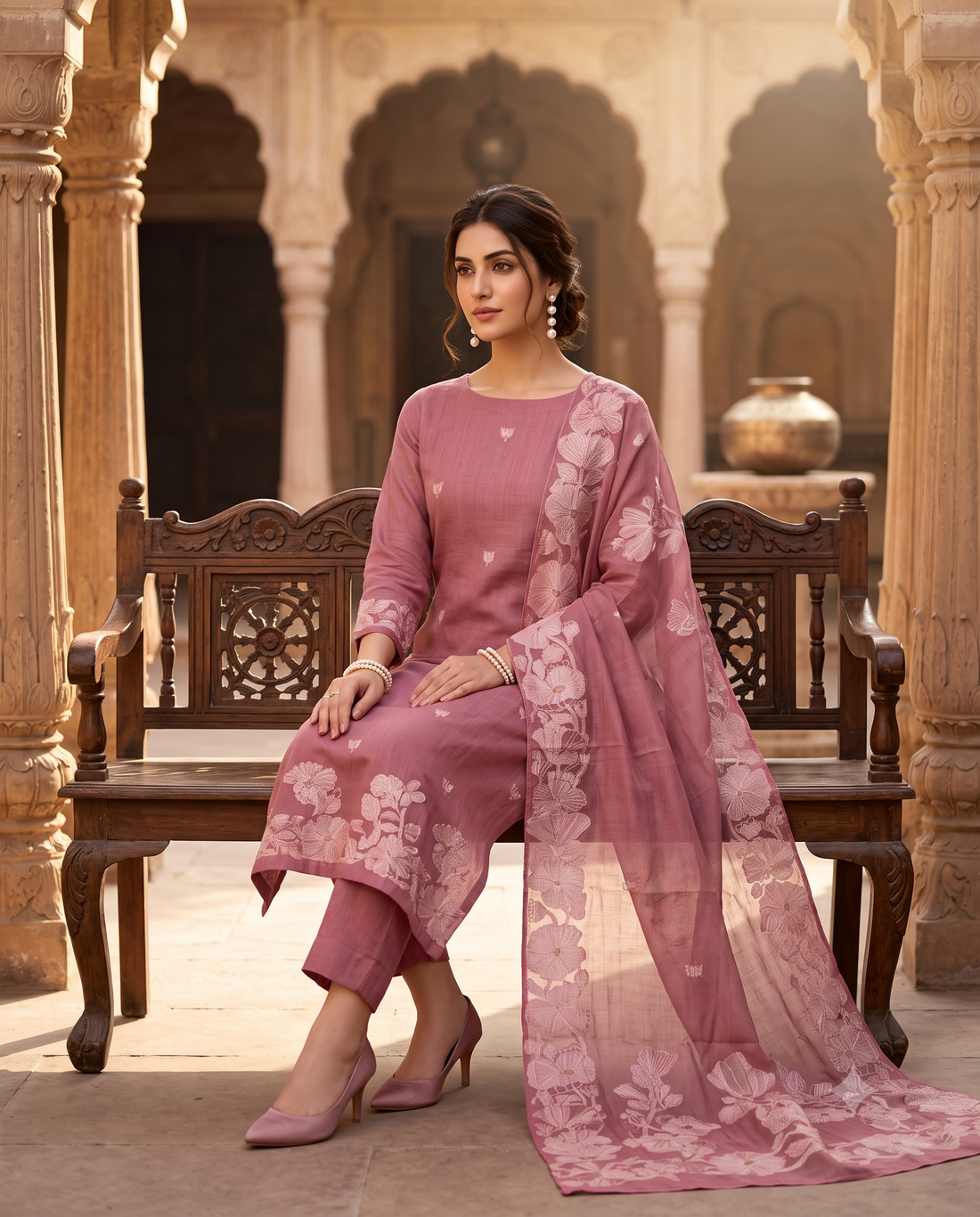 Mauve Pink Mul Chanderi Cotton Suit with Woven Floral Vine Dupatta
